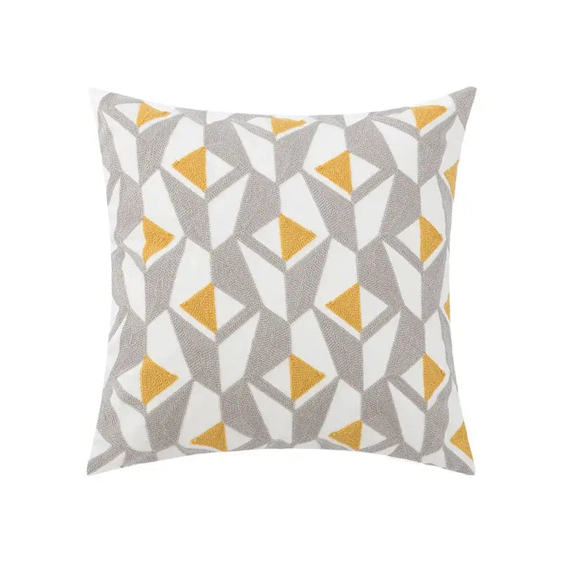 Square throw pillow cover with embroidered gray and mustard-yellow triangles on white background for living room decor