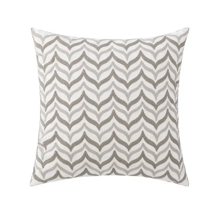 Square pillow cover with modern gray and white chevron embroidery suitable for living room decor with yellow floral accents