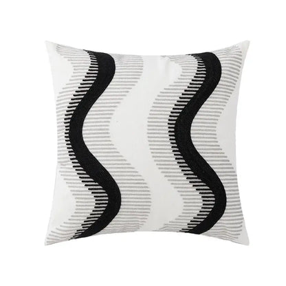 White square pillow cover with bold black wavy embroidered stripes and subtle gray textured lines for living room decor