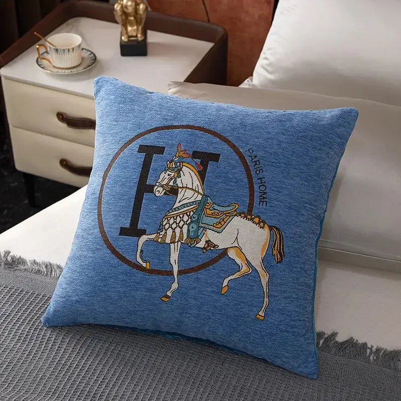 Blue textured cotton throw pillow cover featuring an embroidered white horse emblem for living room decorbites cotton home cushion cover