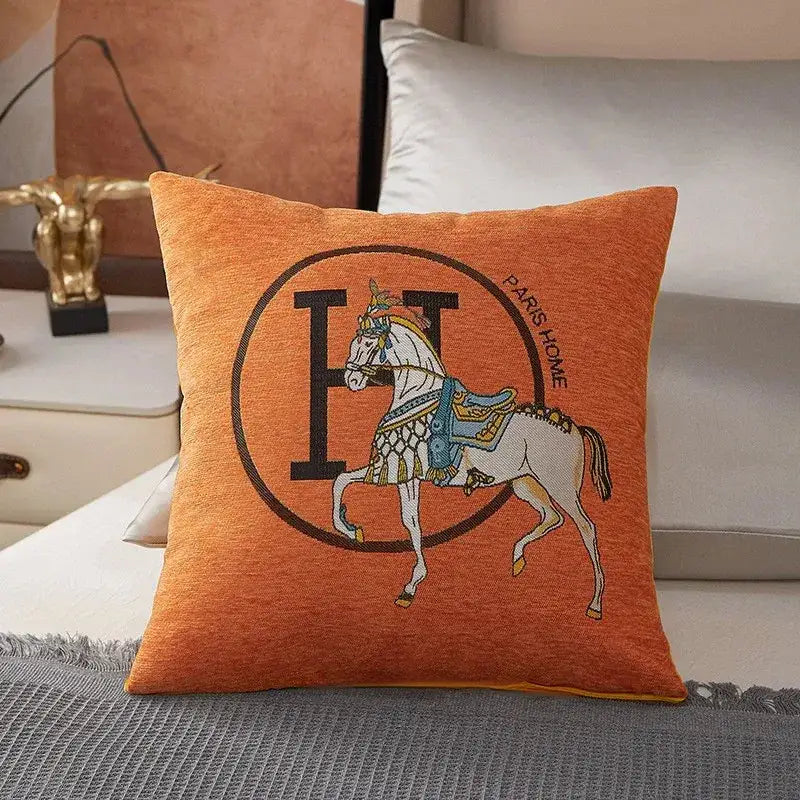 Orange cotton throw pillow cover with embroidered white horse and black paris home logo for living room decorbites cushion cover