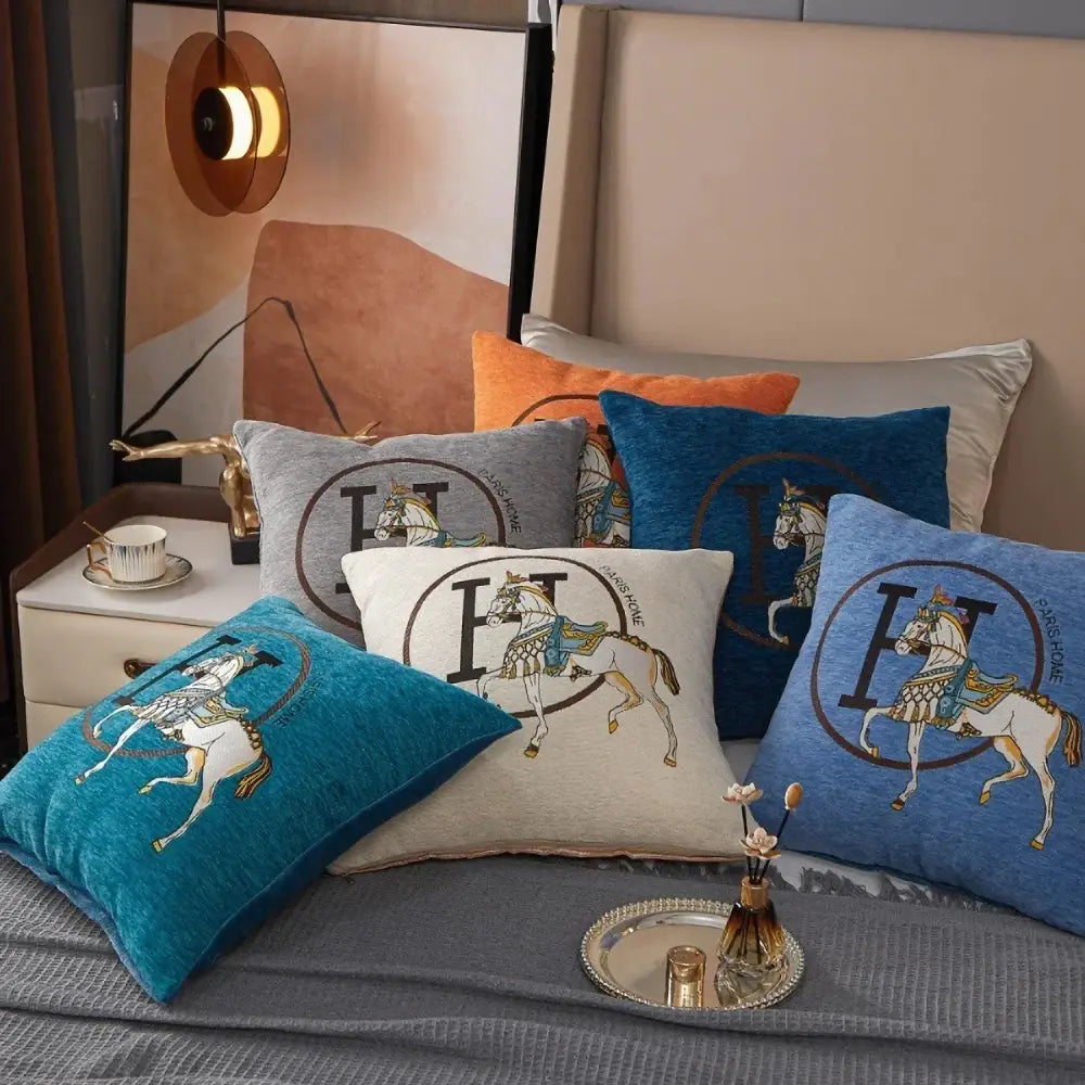 Set of embroidered horse cotton throw pillow covers in blue gray and beige tones for decorbites cotton home decor