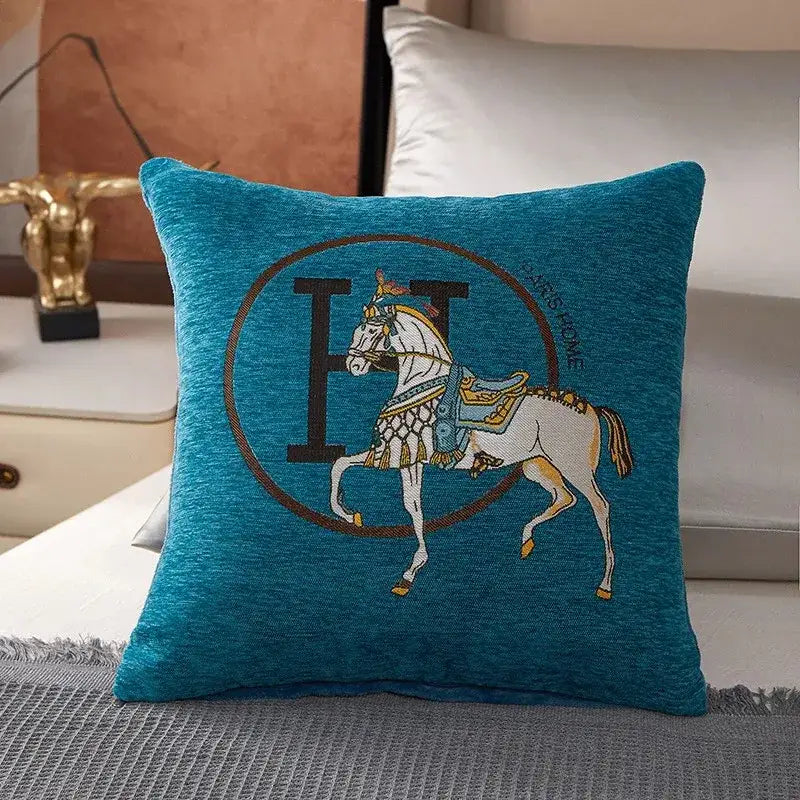 Teal cotton throw pillow cover with embroidered white horse and carré homme emblem for decorbites cotton home decor
