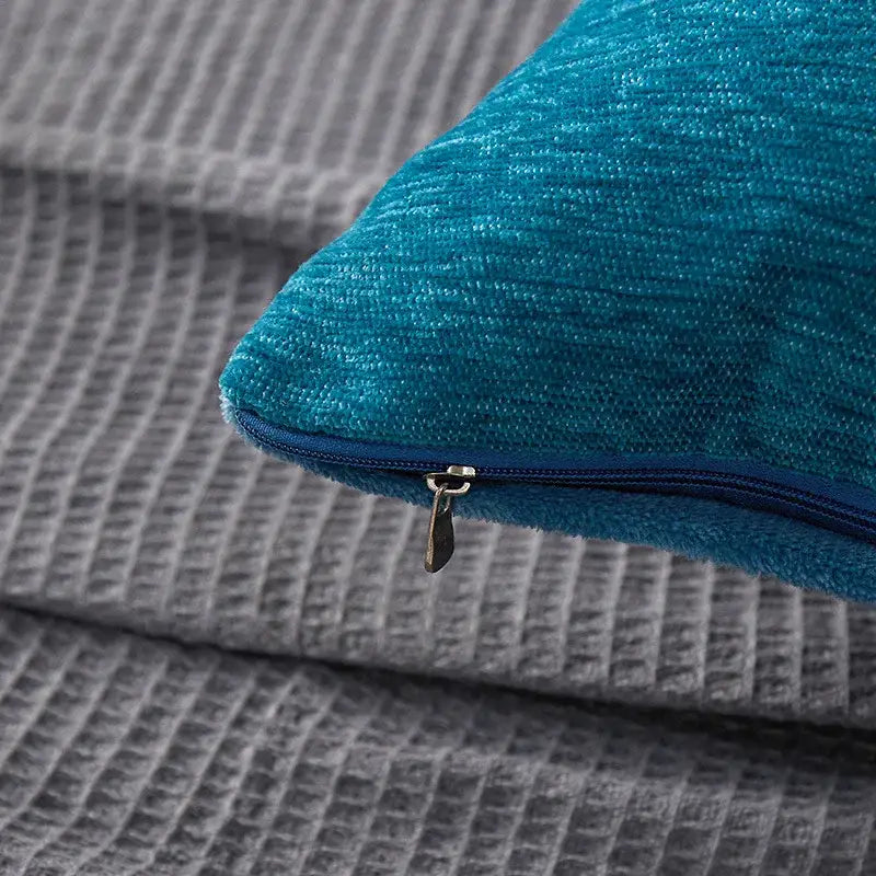 Teal textured cotton throw pillow with blue zipper closure for living room decorbites cushion cover
