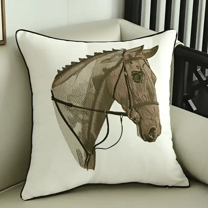 White embroidered horse pillowcase with intricate brown horse head embroidery for living room decor