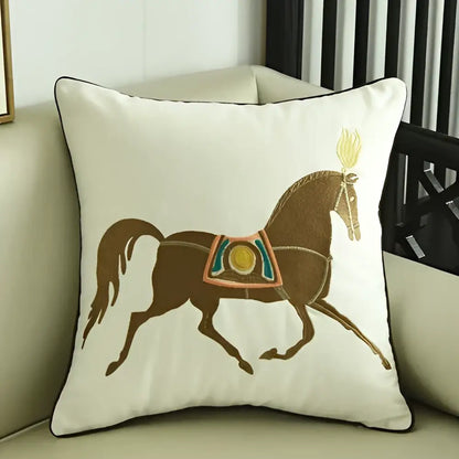 Cream-colored square throw pillow with embroidered horse pillowcase featuring brown horse and golden flame decor