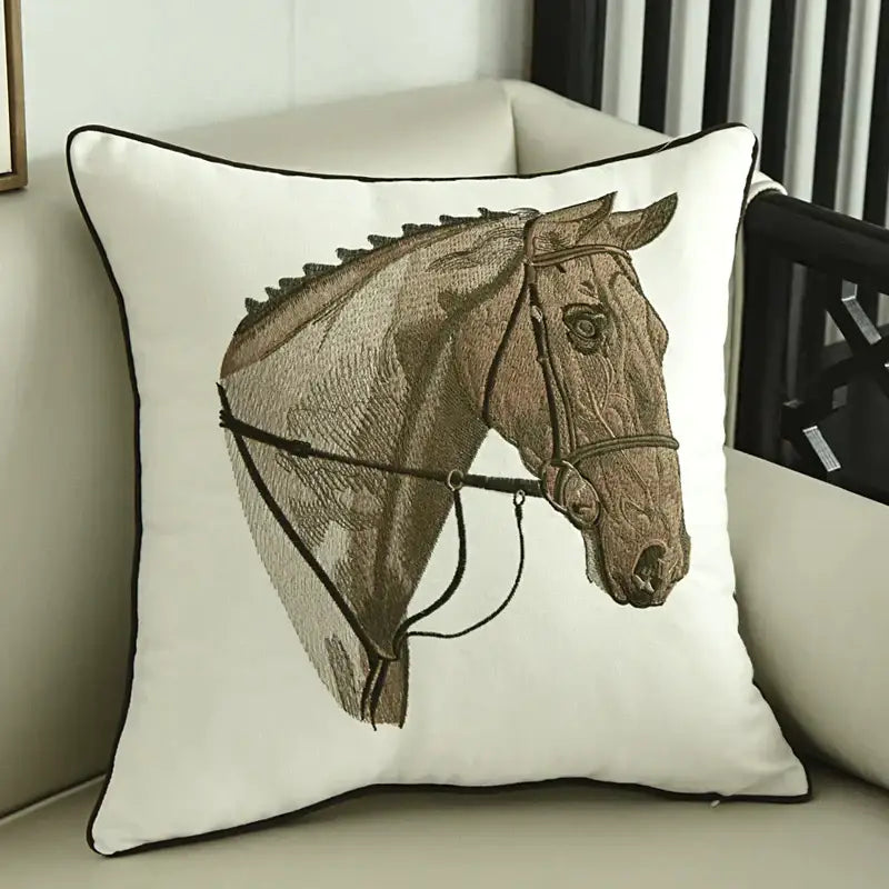 White embroidered horse pillowcase featuring a brown horse head with detailed stitching and a black border for living room decor