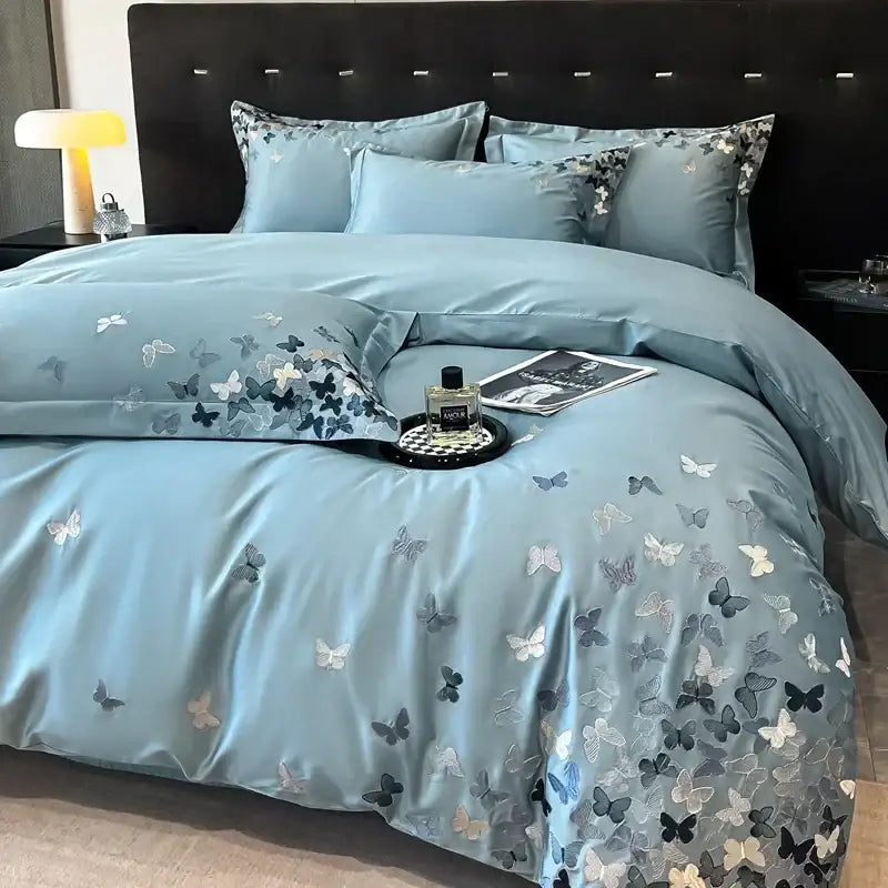 Light blue satin bedding set with decorbites butterflies embroidery in gray white and black for bedroom decor