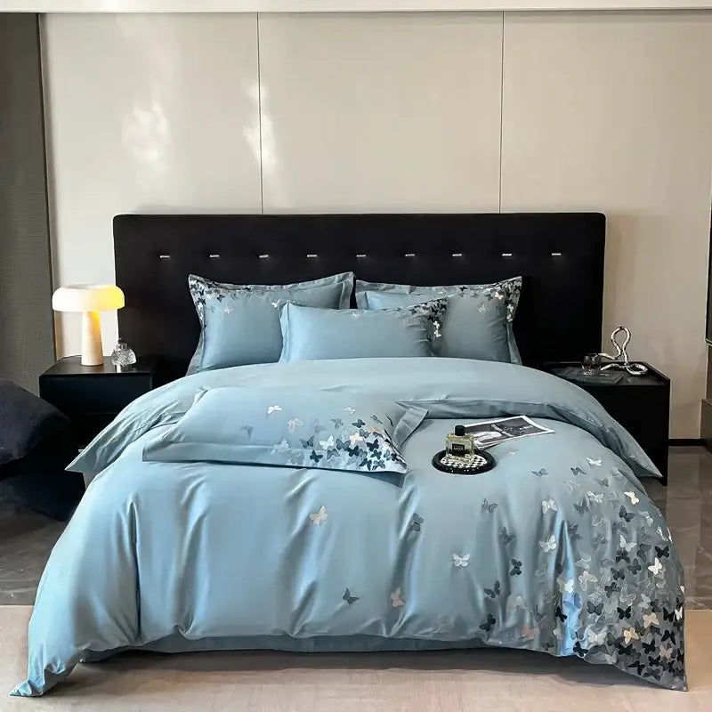 Embroidered light blue butterflies bedding set with satin-like fabric and delicate decorbites butterflies embroidery