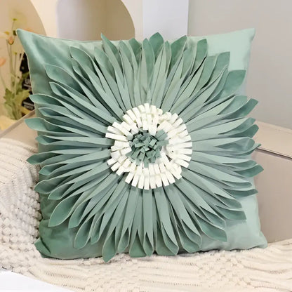 A mint green velvet square pillowcase with three-dimensional floral design and white center for decorbites blue hyacinth bedroom
