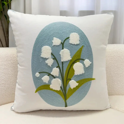 White square pillowcase with embroidered lily of the valley design in decorbites blue hyacinth square pattern
