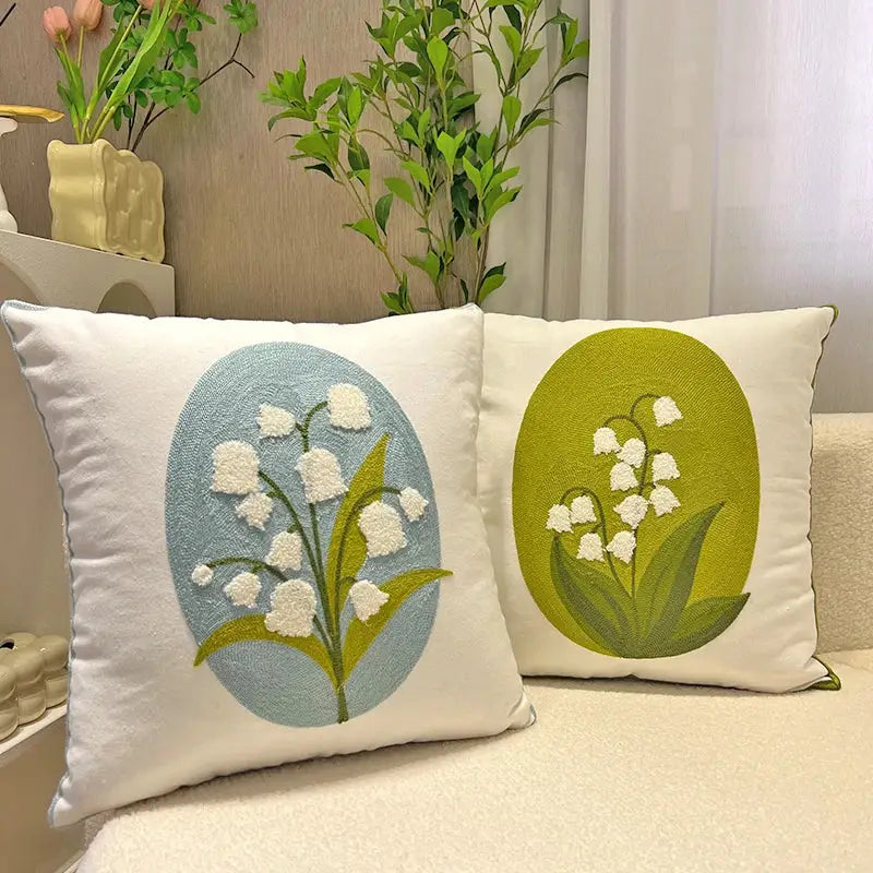 White square pillowcase with embroidered lily of the valley blue hyacinth oval design for bedroom decorbites blue hyacinth decor