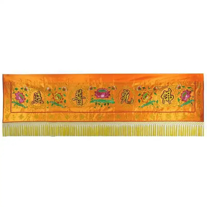 Vibrant orange satin home temple banner with intricate gold embroidery and yellow fringe for decorbites buddhist worship set