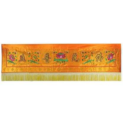 Vibrant orange satin home temple banner with intricate gold embroidery and yellow fringe for decorbites buddhist worship set