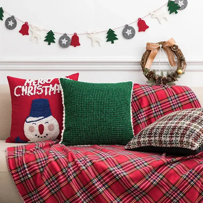 Red knitted snowman cartoon christmas pillow cover with white embroidered text for living room decorbites pillow covers