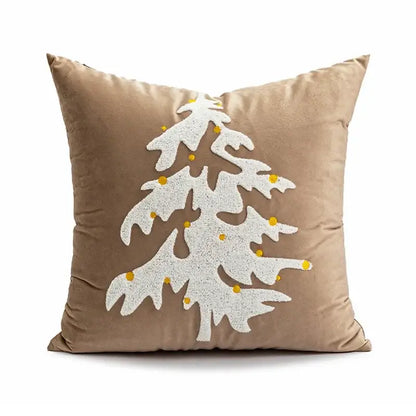Beige velvet pillow cover with white glittery christmas tree and yellow dots for decorbites cartoon christmas decor