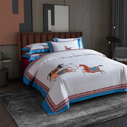 Embroidered white satin bedding set with vibrant blue and red striped trim and decorbites galloping horse design