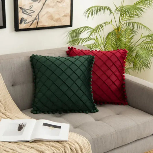 Emerald and burgundy corduroy striped pompom pillowcase with quilted diamond patterns for living room decorbites decor