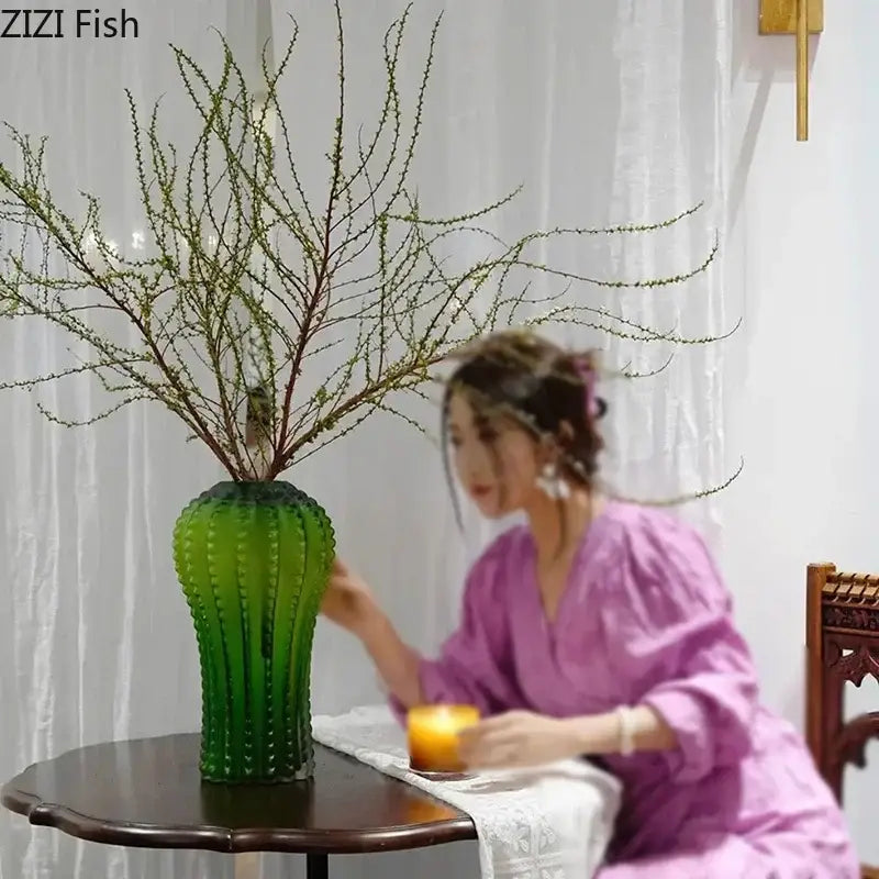 A tall emerald green cactus frosted glass vase with ribbed texture and flared top for living room decorbites decor