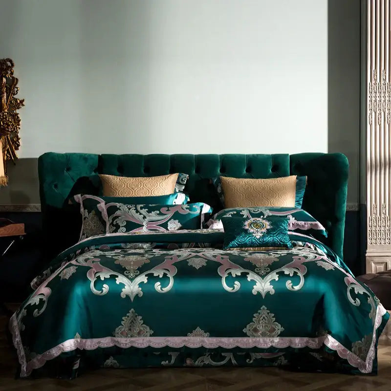 Luxurious emerald green damask 200s embroidery egyptian cotton bedding set with silver and blush pink satin patterns