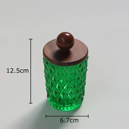 Emerald green diamond glass storage jar with walnut lid and smooth decorbites ceramic ball knob for kitchen decor