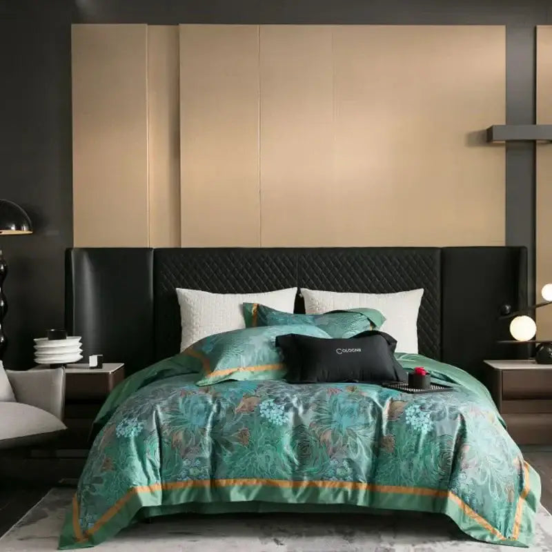 Emerald green and gold egyptian cotton bedding set with floral satin duvet cover on bed linens in elegant bedroom