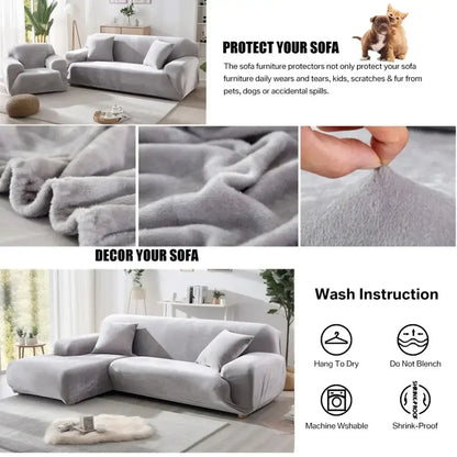 Soft gray fabric sofa cover designed to protect and decorate furniture with plush velvet emerald green style