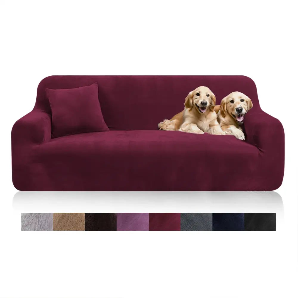 Maroon velvet sofa cover with matching pillow featuring stretchy fit and soft texture for living room use
