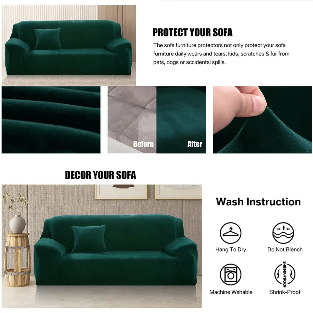 Emerald green plush velvet sofa cover in deep emerald green with a stretch fit for living room sofas