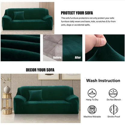 Emerald green plush velvet sofa cover in deep emerald green with a stretch fit for living room sofas