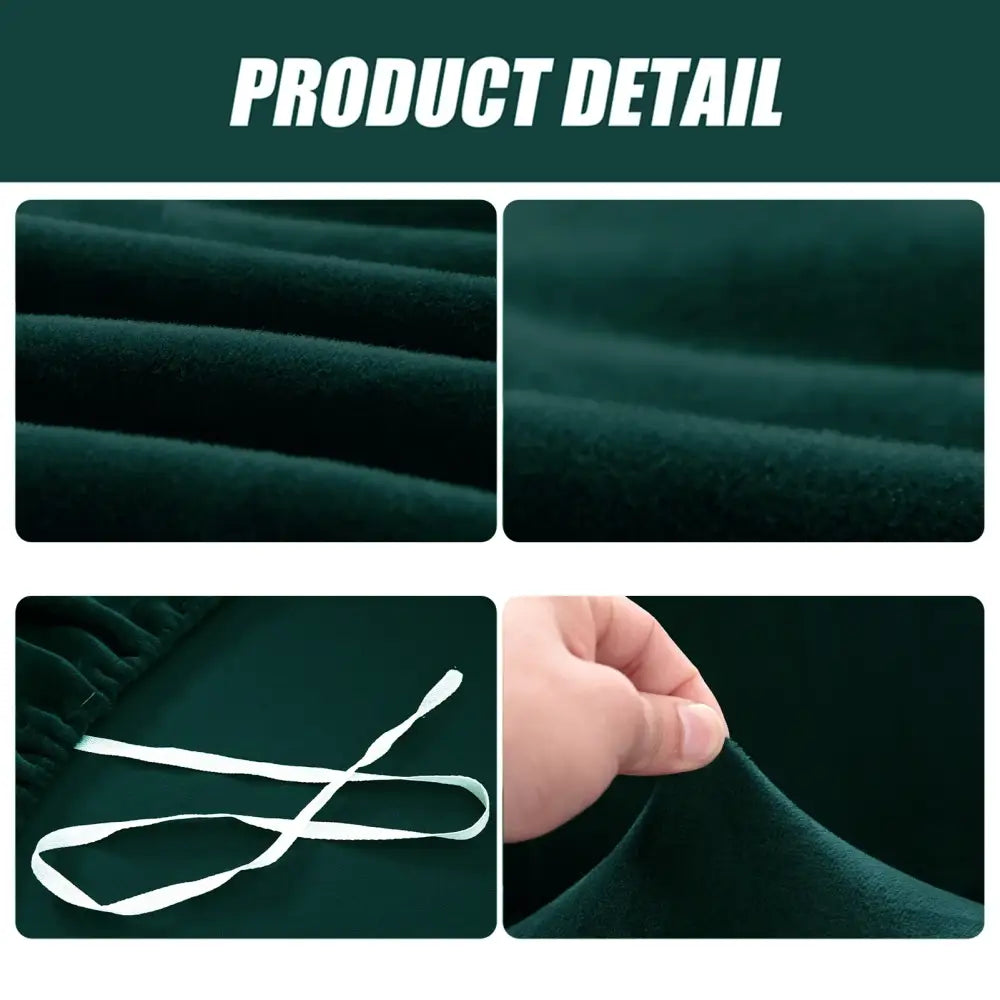 Emerald green plush velvet sofa cover with soft velvety texture and white elastic drawstring for living room use