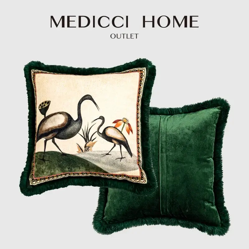 Emerald green velvet cushion cover with fringed edges and cream decorbites birds floral print panel for living room decor