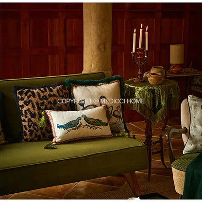 Emerald green velvet cushion cover with decorbites birds floral print featuring embroidered blue green double birds design