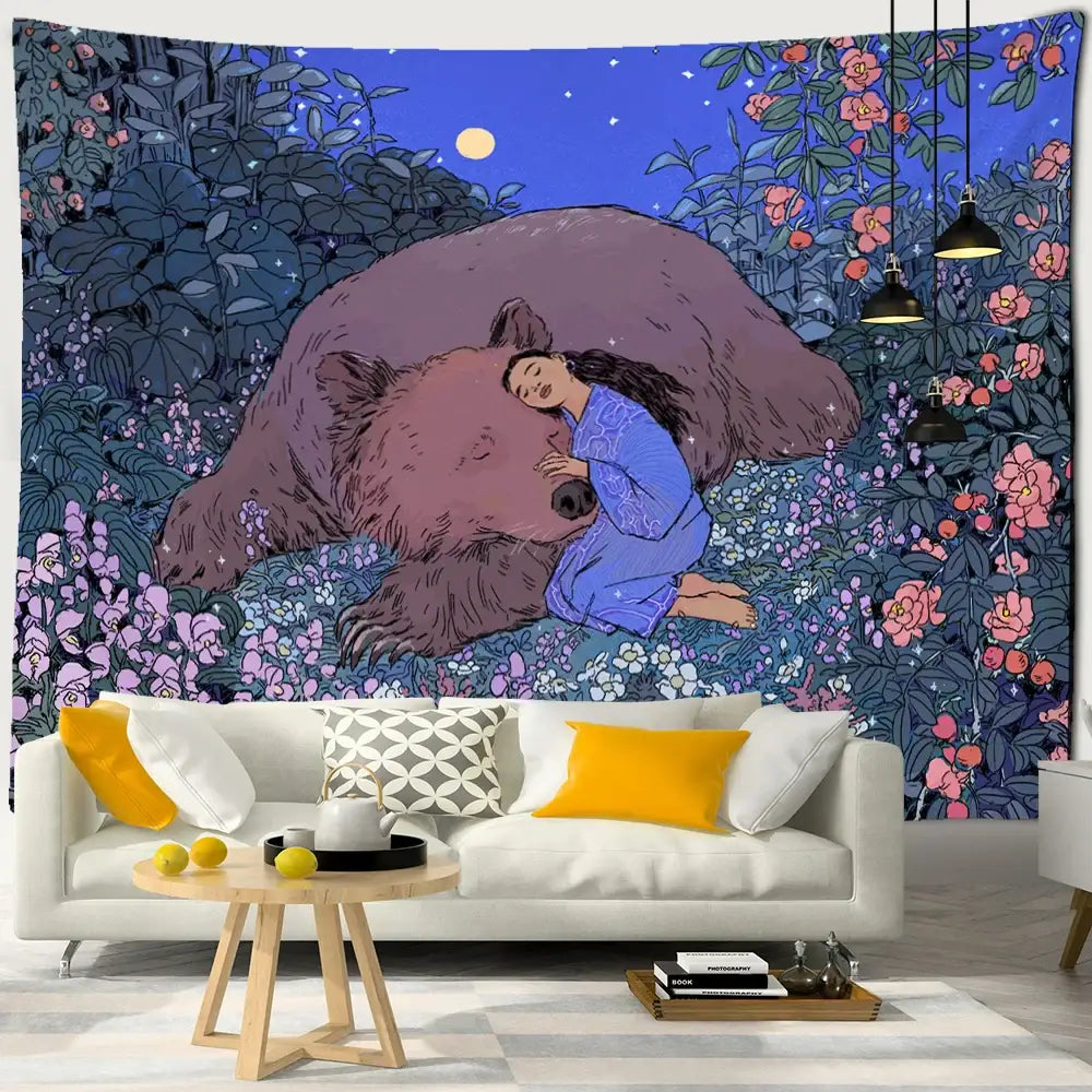 Whimsical enchanted forest tapestry featuring a woman in a blue dress resting on a brown bear under a starry night sky