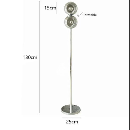 A sleek engraved chrome 130cm tall dimmable led nordic table lamp with two rotatable spherical light heads