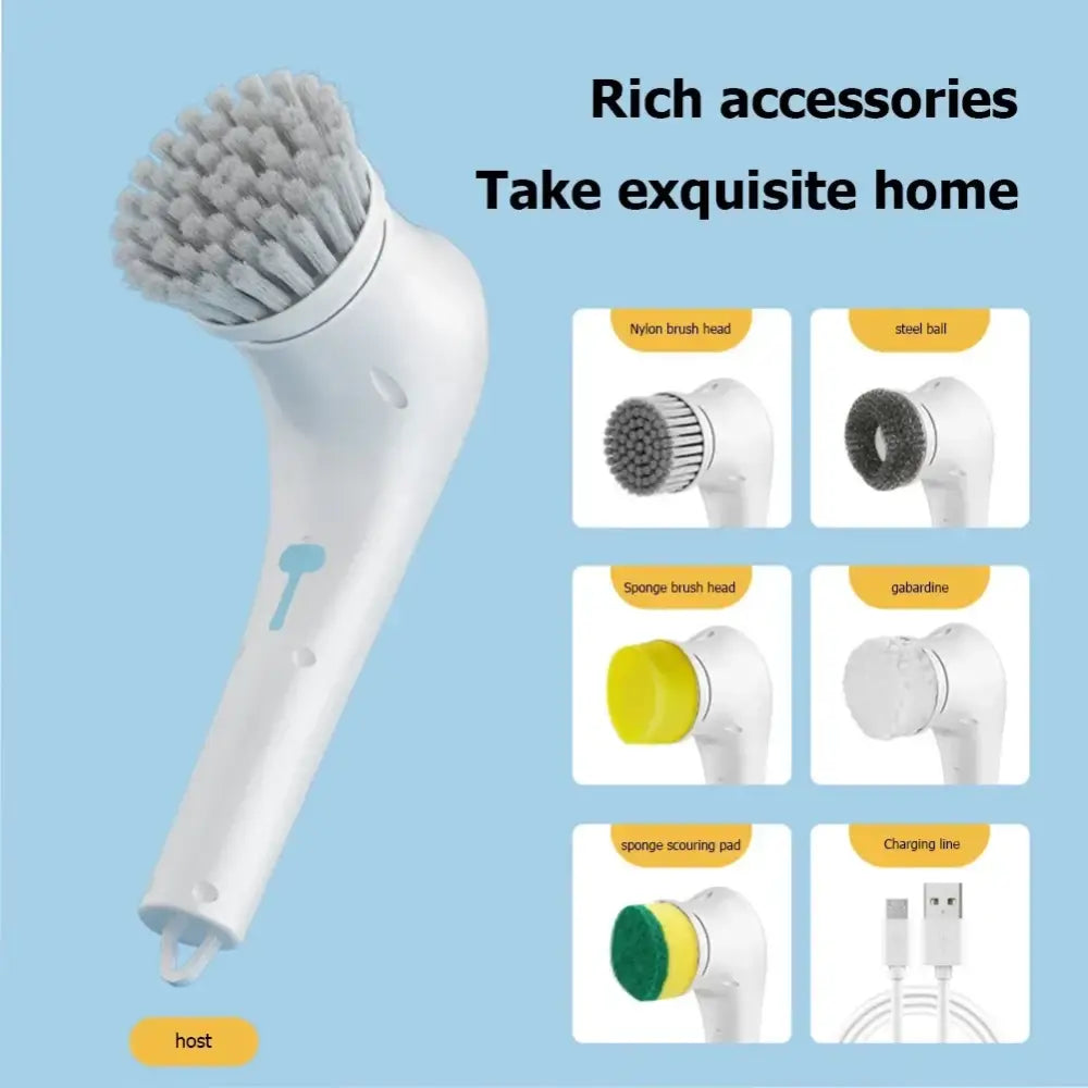 Ergonomic white electric cleaning brush with dense gray nylon bristles and sleek handle for kitchen and bathroom use