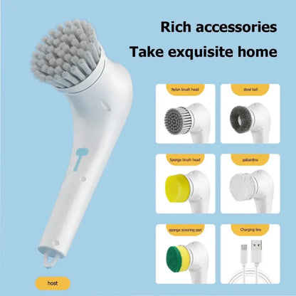 Ergonomic white electric cleaning brush with dense gray nylon bristles for kitchen and bathroom cleaning