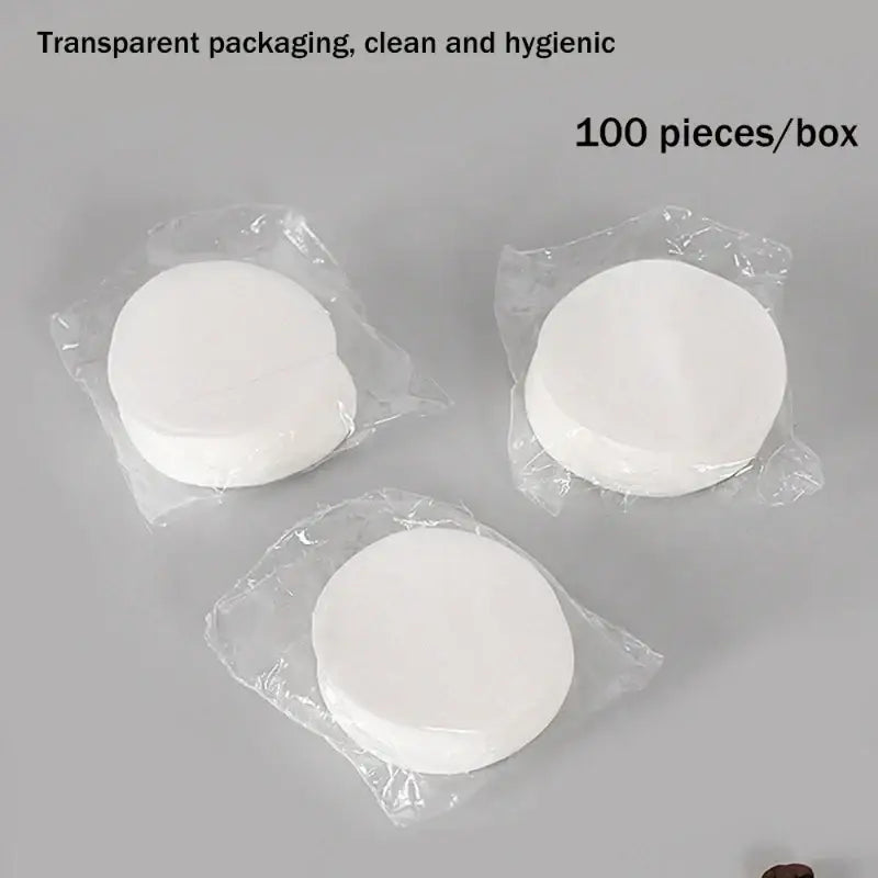 White circular decorbites coffee filter papers individually wrapped for espresso portafilter kitchen use 100 pack