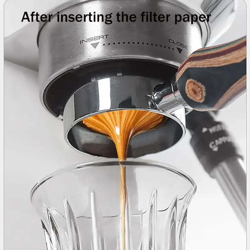 A sleek metallic espresso machine portafilter with wooden handle pouring coffee, compatible with decorbites coffee filter papers pack