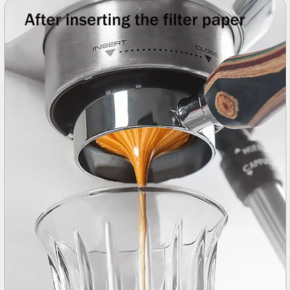 A sleek metallic espresso machine portafilter with wooden handle pouring coffee, compatible with decorbites coffee filter papers pack