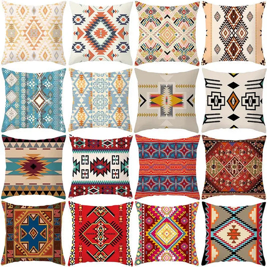 A collection of decorbites ethnic bohemian pillow covers with intricate colorful geometric patterns in earthy tones for living room decor