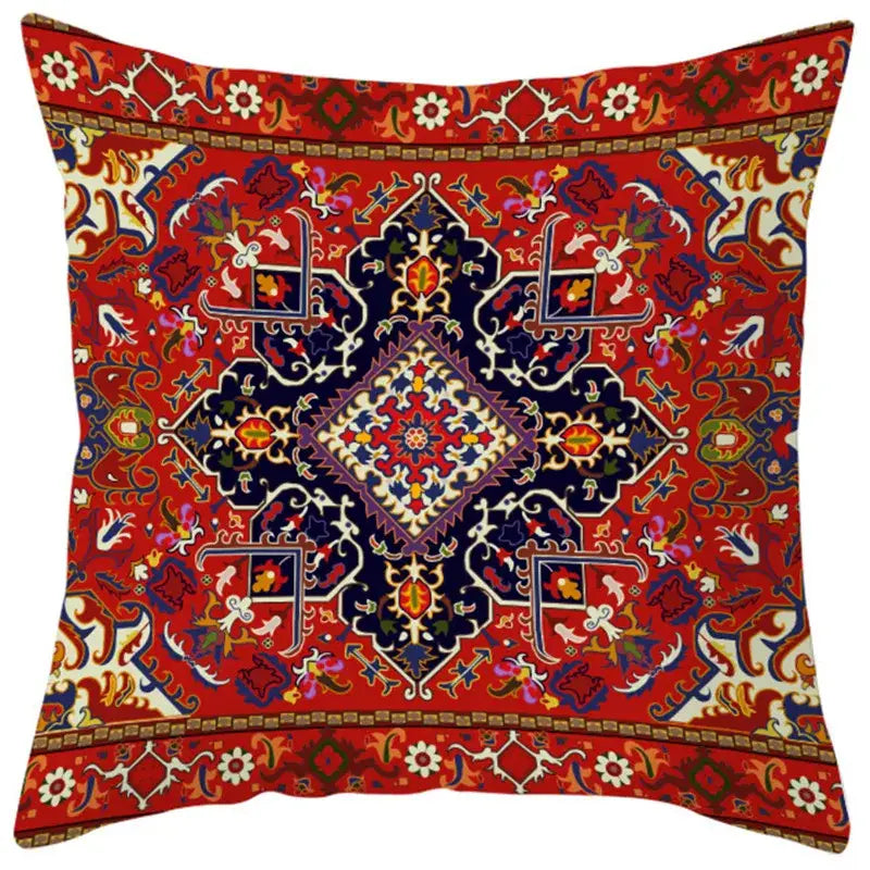 Vibrant red pillow cover with ethnic bohemian geometric persian-style rug pattern in navy blue gold and cream decorbites ethnic bohemian decor