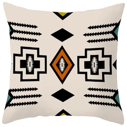 Cream-colored pillow cover with bold black orange and teal ethnic bohemian geometric pattern for living room decorbites decor