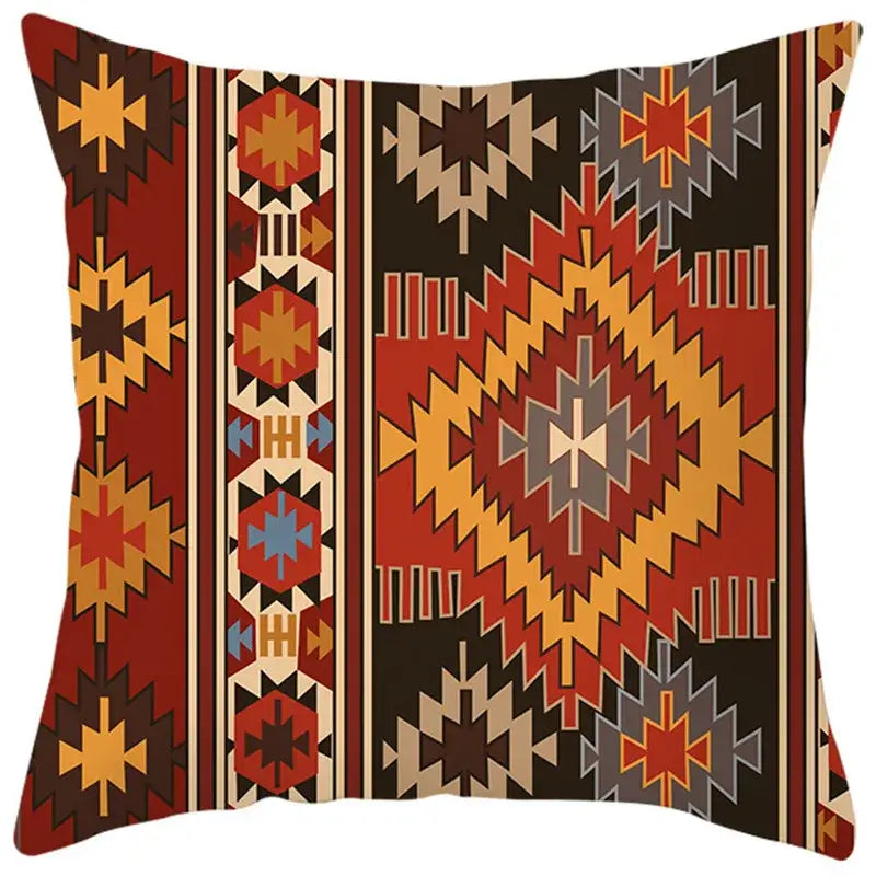 Square throw pillow cover with bold ethnic bohemian geometric pattern in red orange beige and dark brown for living room decor