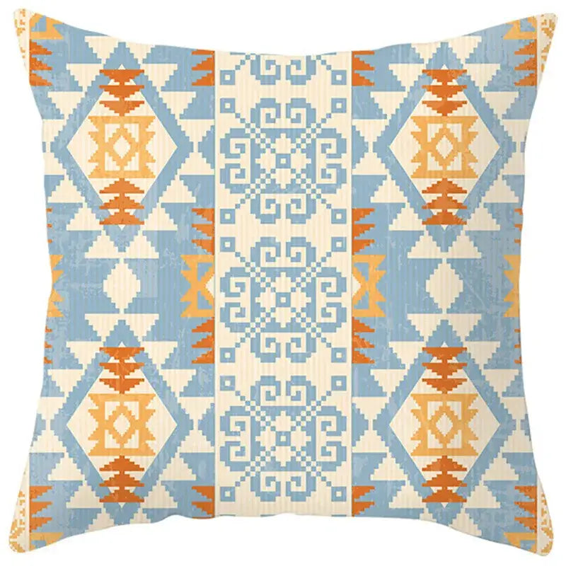 Square throw pillow cover with ethnic bohemian geometric pattern in light blue orange and cream for living room decorbites decor