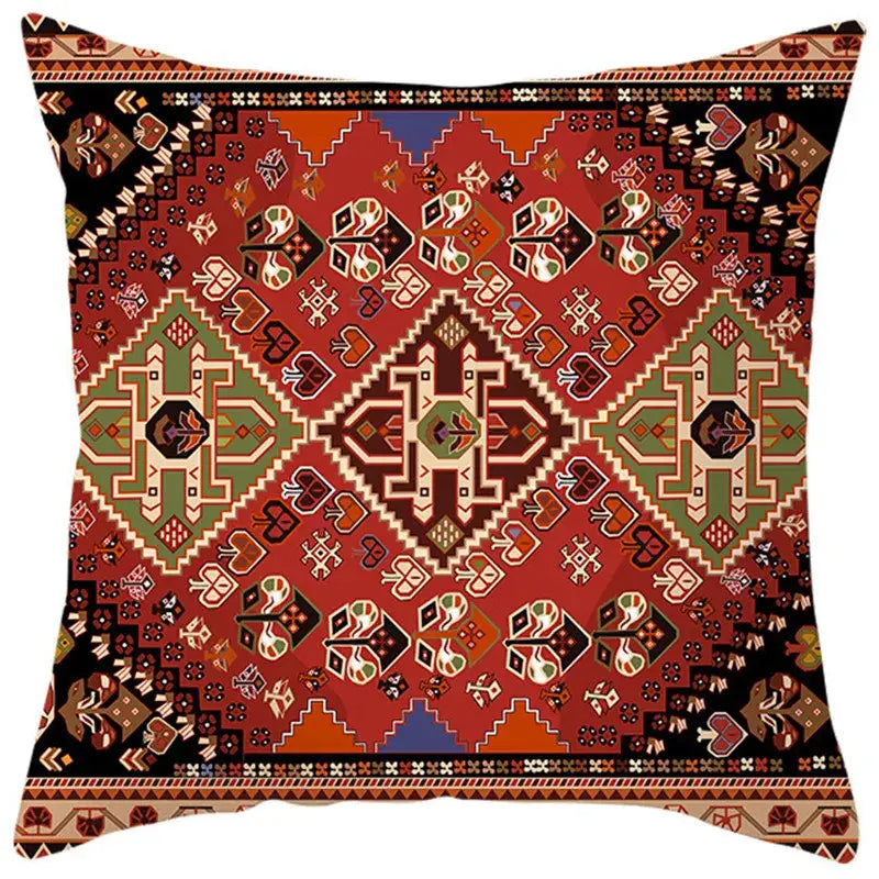 Square throw pillow cover with vibrant red green black and beige ethnic bohemian geometric decorbites pattern for living room decor