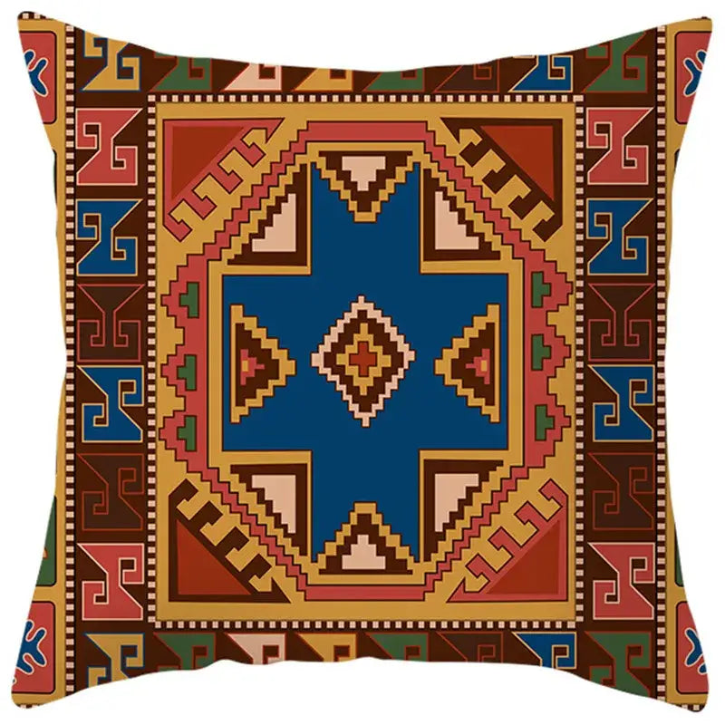 Square throw pillow cover featuring vibrant ethnic bohemian geometric tribal pattern in blue red brown and gold tones
