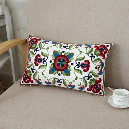 Ethnic floral canvas cotton pillow case with red green and blue embroidery on white for living room decorbites decor