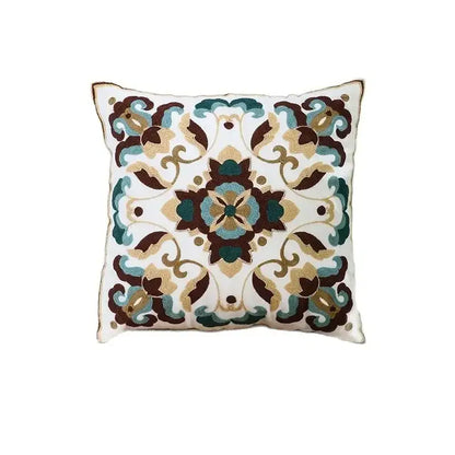 Ethnic floral canvas cotton pillow case with intricate teal gold and brown embroidery for living room decorbites ethnic floral decor
