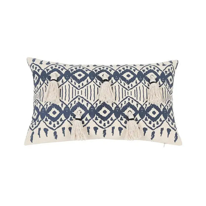 Cream-colored ethnic geometric printed cushion cover with navy blue patterns and tassels for living room decorbites decor